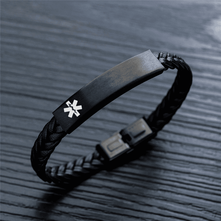 Dainty Leather Medical Alert Bracelet Personalized ID Nameplate Bracelets for Men Women Disease Food Allergy Identification Jewelry for Emergency SOS