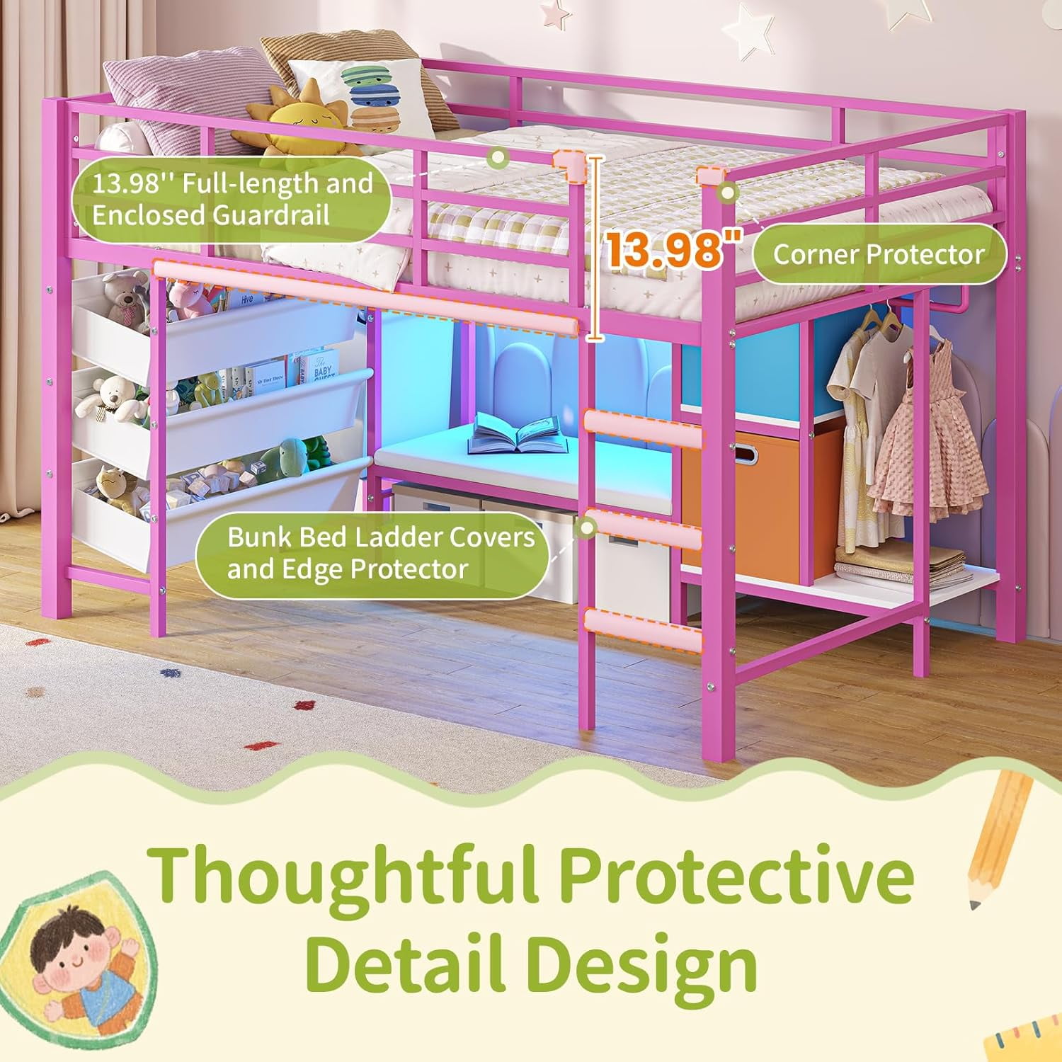 Mabor Twin Size Loft Bed with LED Lights & Reading Bench, Metal Loft Bed Frame with Bookshelf & Storage Basket & Stairs & Full-Length Guardrail for Bedroom, Pink