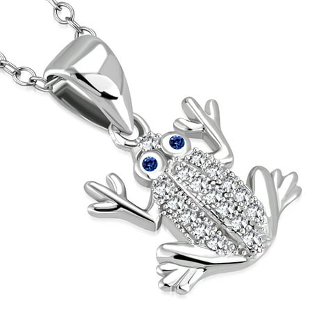 Sterling Silver Frog Pendant - 925 Sterling Silver White Clear Blue CZ Frog Pendant Necklace