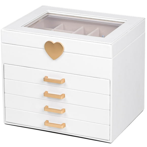Caja de Joyas Kendal con 5 Capas y Tapa de Vidrio en Forma de Corazón, Cuero PU