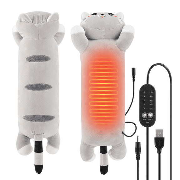 Cat Shaped USB Heated Pad, Cat Heating Pad with 5 Heat Levels & 5 Timer Options, Stuffed Animal Heating Pad for Abdomen Shoulders Neck Back, Removable Washable Cover