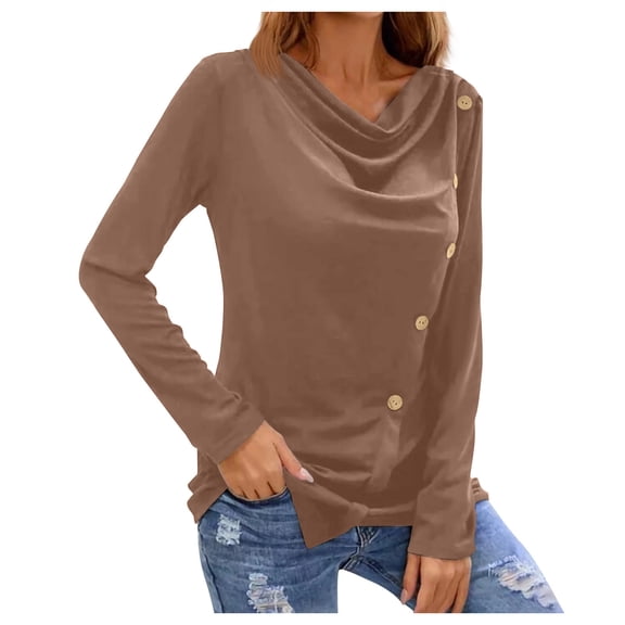 UYISJ Women's Cowl Neck Ruched Casual Tops Long Sleeve Button Shirts Slim Fitted Blouses