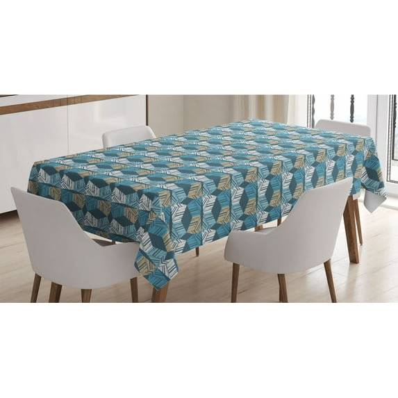 Abstract Tablecloth, Geometric Cubes Symmetric Shapes Hand Hatching Modern Mosaic Grunge Art, Rectangle Satin Table Cover for Dining Room and Kitchen, 60" X 90", Ecru Slate Blue Teal, by Ambesonne
