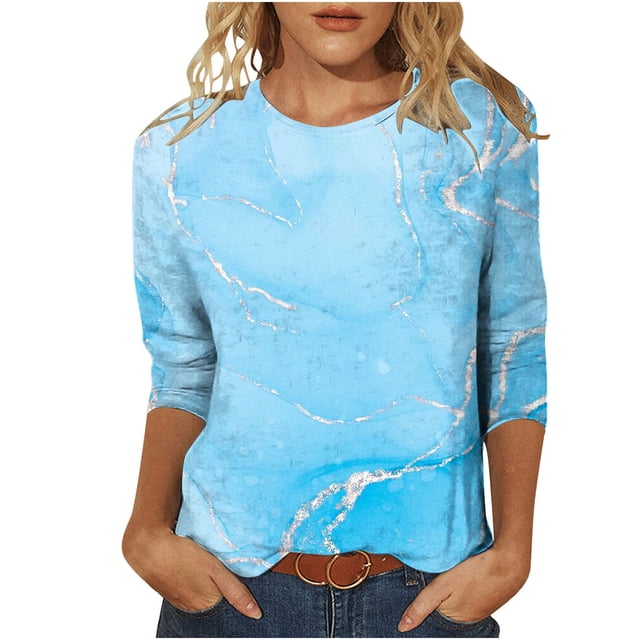 Pompotops T-shirt Imprimé Mode Femme Manches 3/4 Blouse Col Rond Casual Tops en Vente