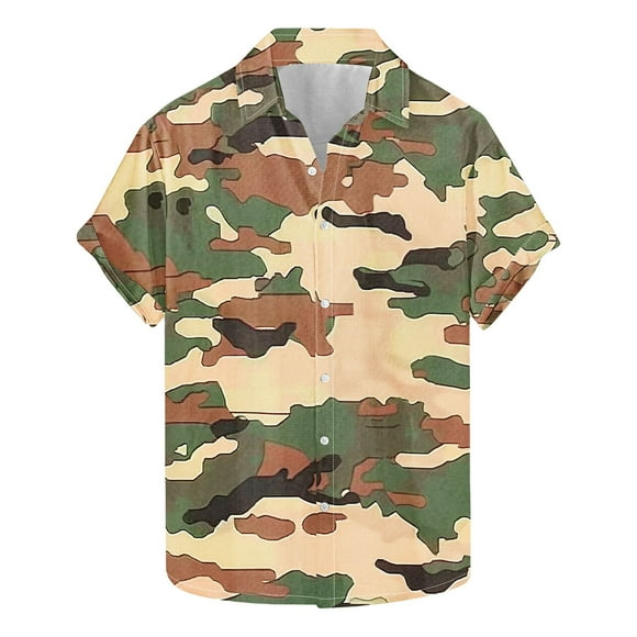 Mens Hawaiian Shirts Short Sleeve Xl Plus Size Button Down Shirt Camo Print T-Shirt Casual Athletic Tees Outdoor Activewear Tops Lightweight Summer Beach Vacation Knitted Blouses Clearance Sale
