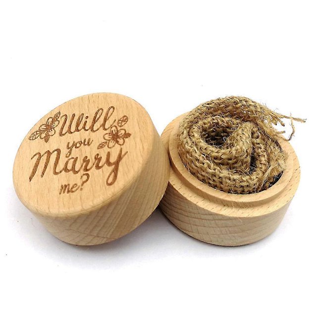 Caja de madera rústica para anillos de boda, grabada, redonda, para guardar anillos de compromiso y exhibir en ceremonias de propuesta.