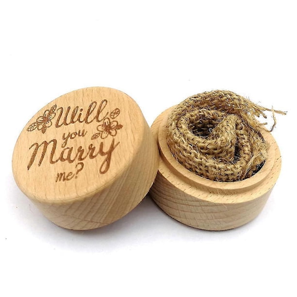 Caja de madera rústica para anillos de boda, grabada, redonda, para guardar anillos de compromiso y exhibir en ceremonias de propuesta.