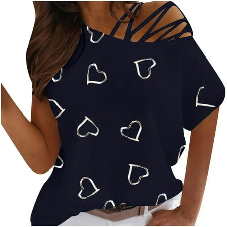 

Womens Tops Corset Tops for Women Women Summer Round Neck Short Sleeve Love Print Strapless T-Shirt Tops Blouses White Long Sleeve Shirts for Women Summer Savings Valentine Shirts Blue S