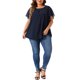 thumbnail image 2 of Blusa de Chiffon de Talla Grande para Mujer Agnes Orinda, Camisa de Doble Capa, Cuello Redondo, Mangas Cortas con Volantes, Tops Casual para Trabajo 2X Azul Marino, 2 of 6