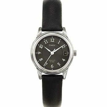 Timex Women's Porter Street 26mm Watch  Silver-Tone Case Black Dial with Black Leather Strap