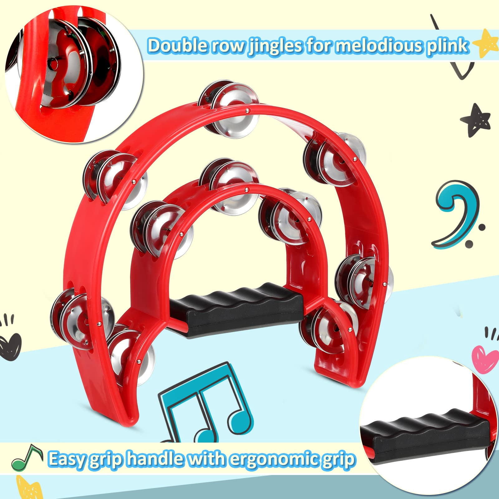7 Pieces Double Row Tambourine Half Moon Musical Plastic Instrument Handheld Percussion Metal Jingles Hand Held Drum For Party Performance Concert