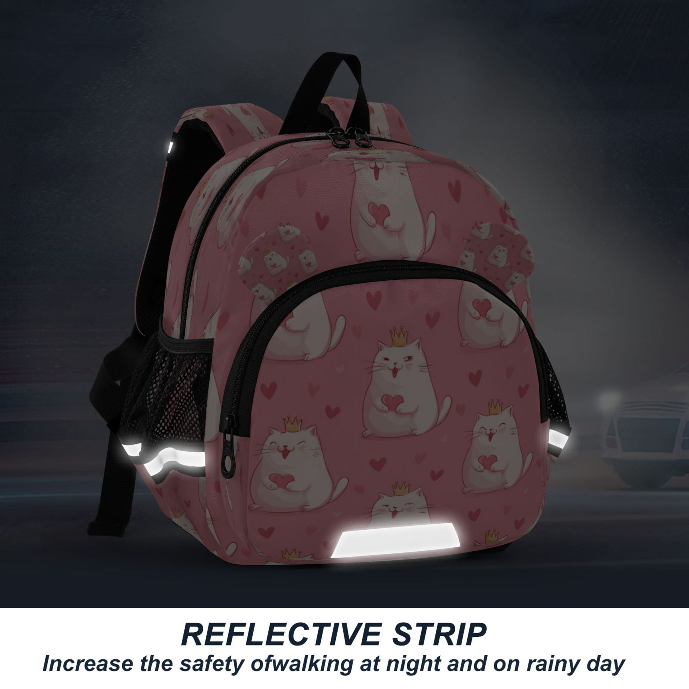 RMDQTR Adorable Ear-Print Backpack with Reflective Strip and Anti-Lost Leash Adjustable Shoulder Straps Mini Travel Backpack White Fat Cat