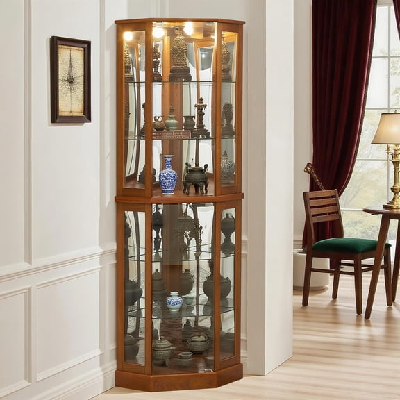 Royard Oaktree Lighted Corner Display Cabinet with Glass Doors, Wooden Curio Cabinet with Adjustable Shelves & Curved Design, Vintage Storage Cabinet with Mirrored Back for Home, Office, Bar, Oak