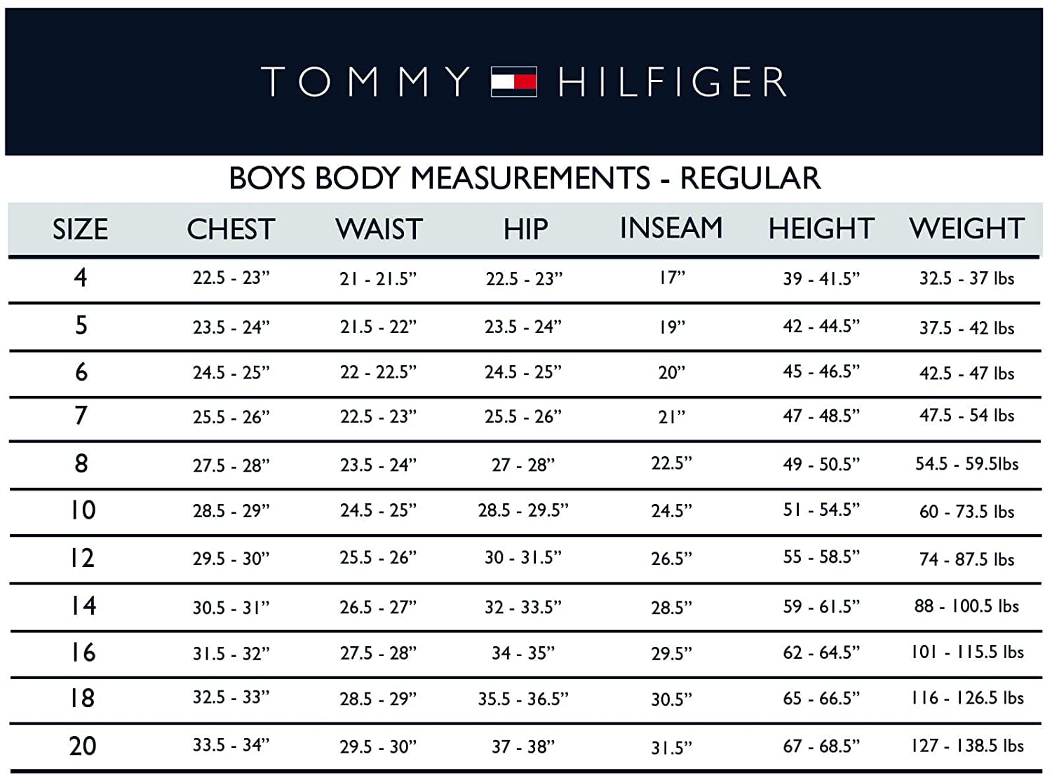 tommy hilfiger size chart usa