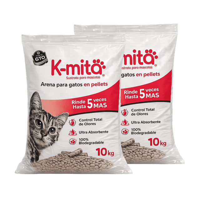 Kmita Premium - 20 kg (2 de 10kg) - Arena para Gato en Pellets, 100% Natural – Biodegradable – Rinde 5 Veces Más - Cero Olores - Cero Polvo - Ulta Absorbente