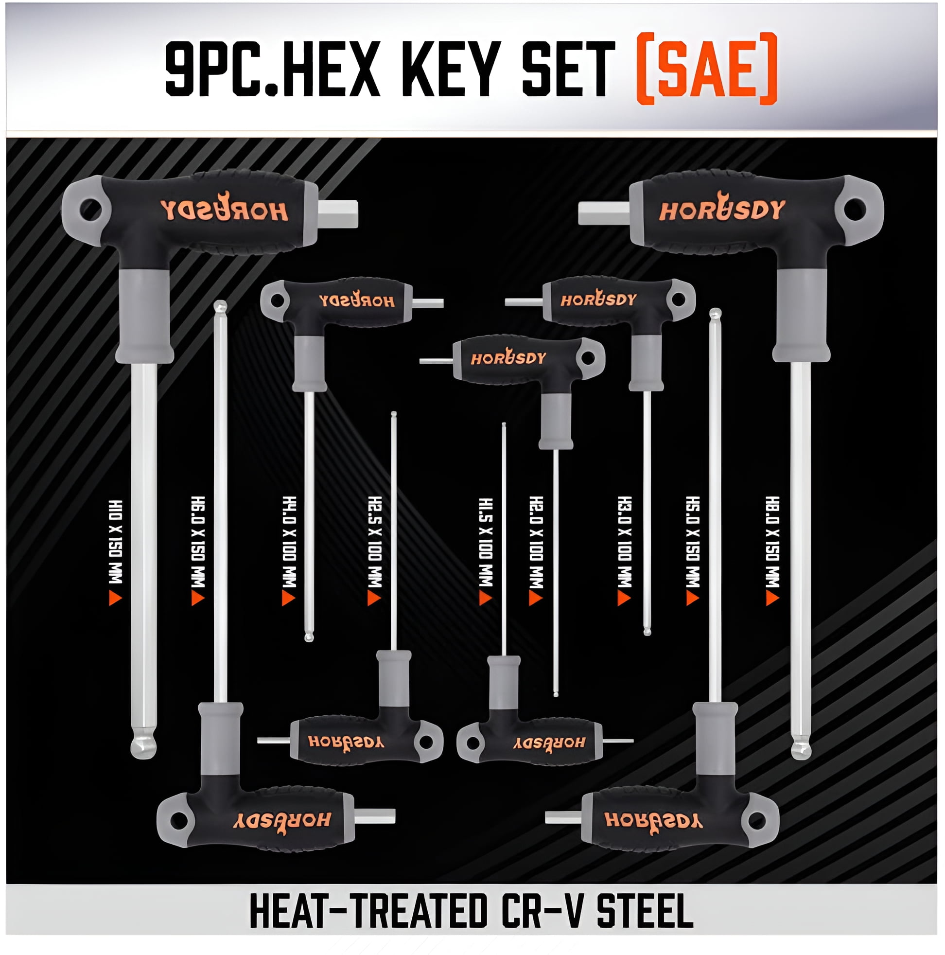 HORUSDY 18 Piece T-Handle Allen Wrench Set Inch / Metric Long Arm Ball End Hex Key Wrench Set MM(1.5mm-10mm) SAE(1/16"-3/8")