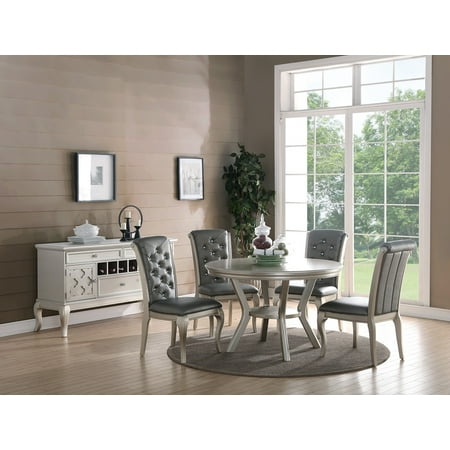 Looking For Dining Room Table And Chairs Formal Lavish Antique Silver Finish Traditional Look 5pc Dining Set Round Table & 4 Side Chairs upholstered plush Cushion Tufted Chairs ()