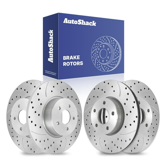 AutoShack Front Vented & Rear Solid Drilled & Slotted Silver Zinc Coated Brake Rotors 4-PC Set Replacement for 2013-2018 Ford C-Max SilverShield Pro
