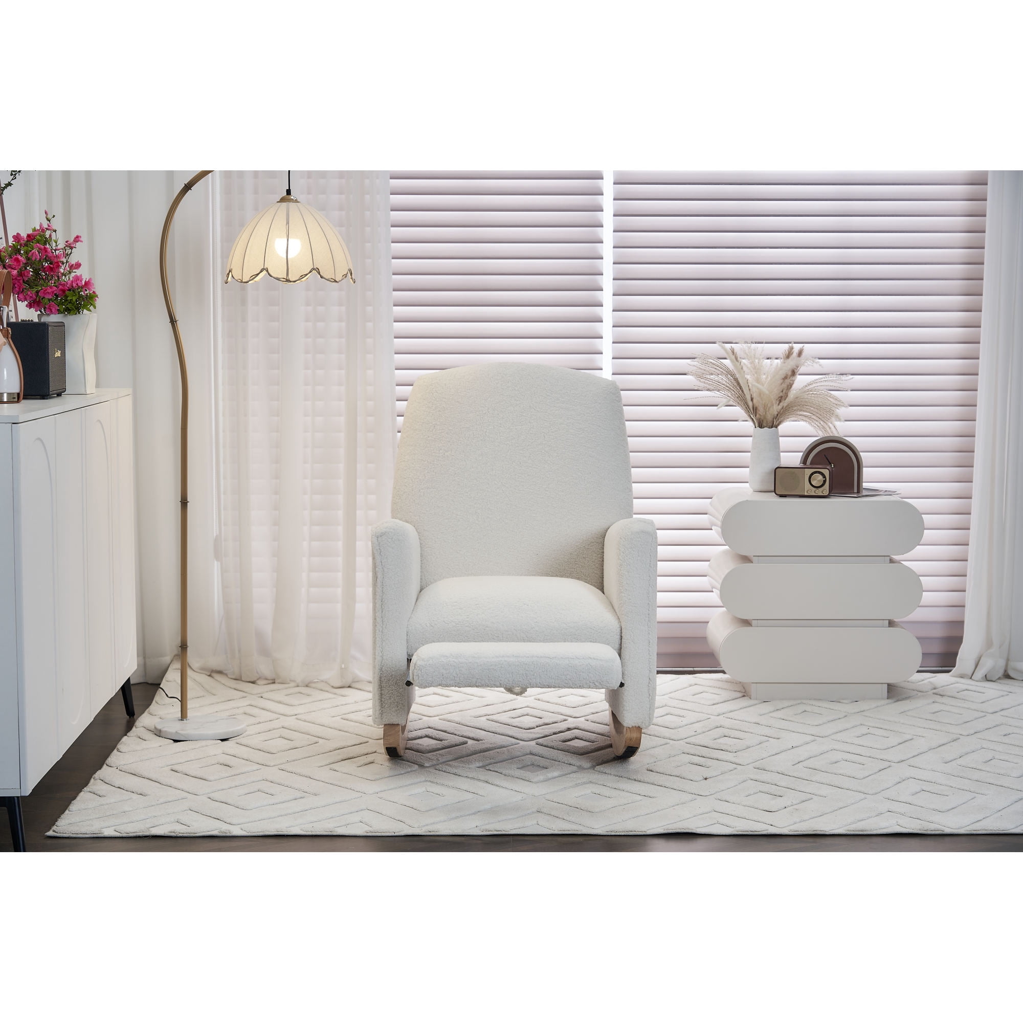 Jopath Nursery Rocking Chair,Teddy Fabric Upholstered Rocking Chair with Adjustable Footrest,Glider Rocker Chair with High Backrest for Living Room,Bedroom,Ivory