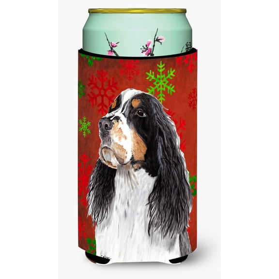 Springer Spaniel Red and Green Snowflakes Holiday Christmas Tall Boy Hugger