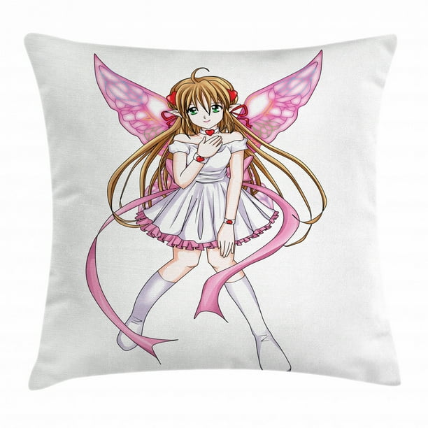Anime Throw Pillow Cushion Cover Cartoon Illustration Of A Pixie Character With Hearts And Wings Fantastic Fairy Angel Decorative Square Accent Pillow Case 18 X 18 Inches Multicolor By Ambesonne Walmart Com
