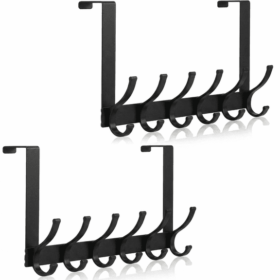 Peasulin 2 Pack Matte Black Extended Deep Hooks Heavy Duty Over the Door Hooks, 6 Hook Door Hanger, Space Saving Coat and Towel Organizer, Durable Metal Closet Storage, Fits Most Doors