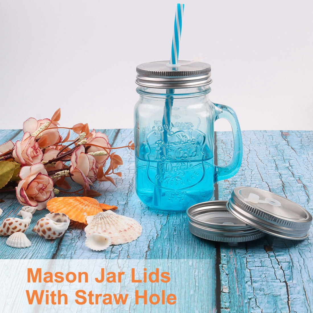 Unique Bargains 2 Pcs Stainless Steel Mason Jar Lids with Straw Hole for Drinking