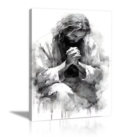 Mudket Jesus Canvas Wall Art, Black and White Praying Jesus Christ Canvas Print, Religious Christian Catholic Wall Decor for Bedroom Prayer Room Church, Framed Ready to Hang - 12"L x 8"W