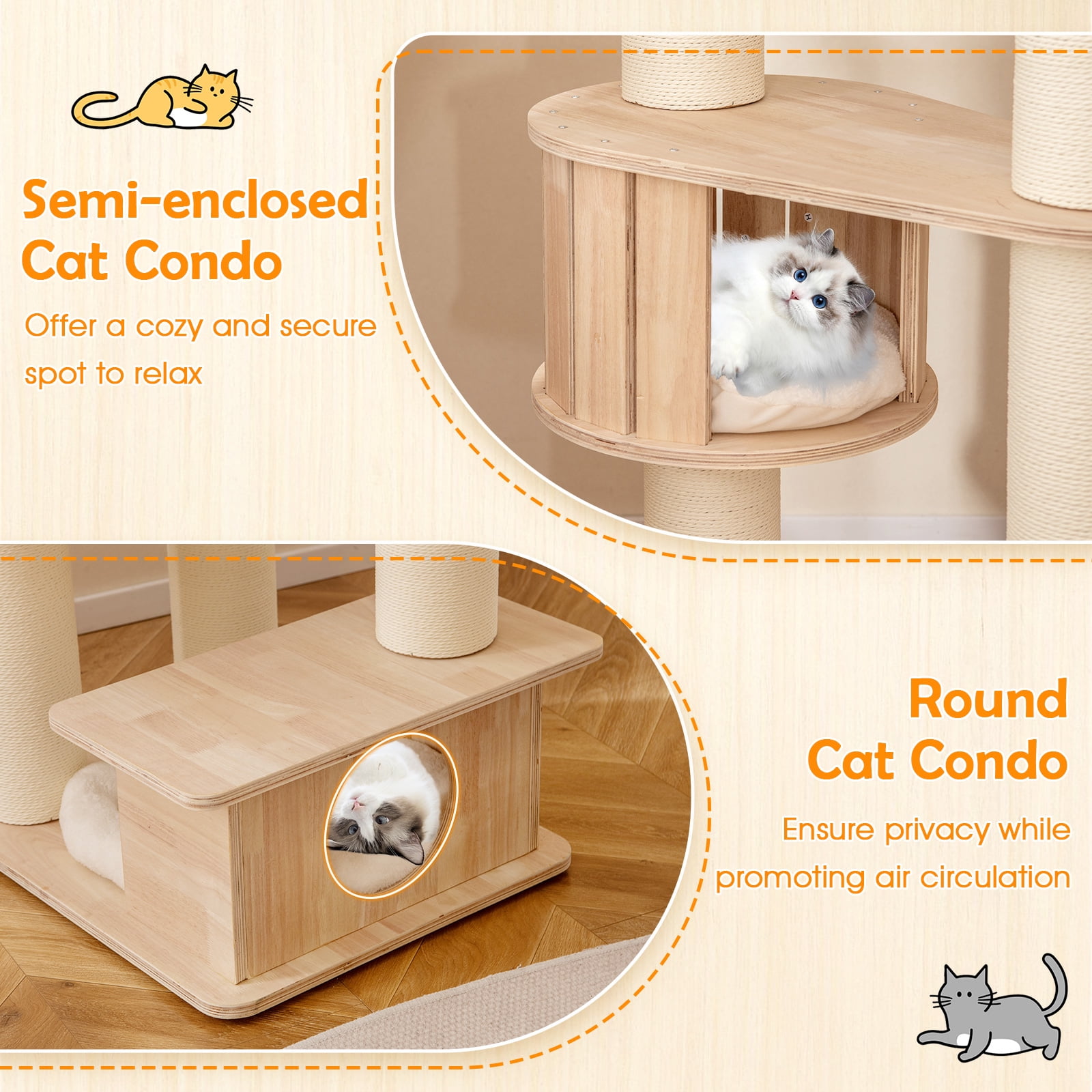 Gymax 69'' Tall Cat Tree Wooden Kitten Tower w/ 2 Condos Cozy Top Perch Space Capsule