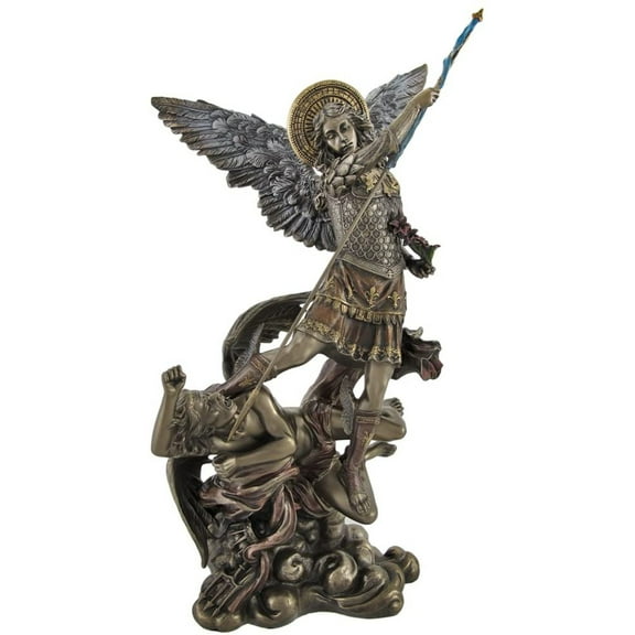 Saint Michael Archangel Tramples Demon W Flowers Figurine Statue Bronze Finish