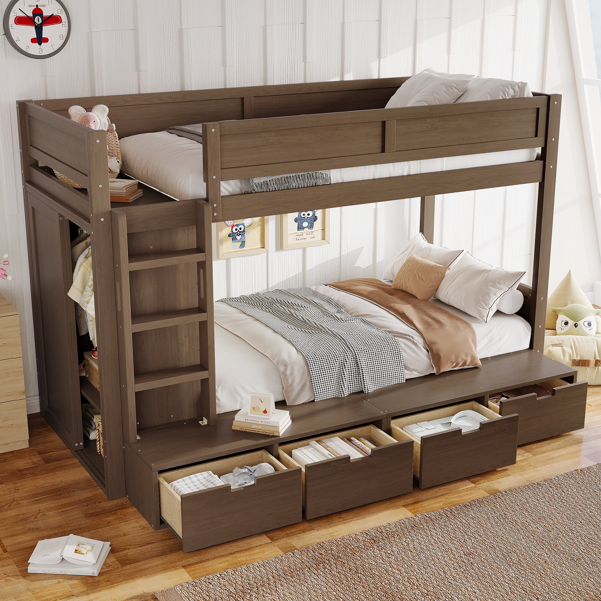 Mintazer Twin over Twin Bunk Bed with Wardrobe, Kids Bunk Bed with 4 Storage Drawers & Ladder for Bedroom, Brown