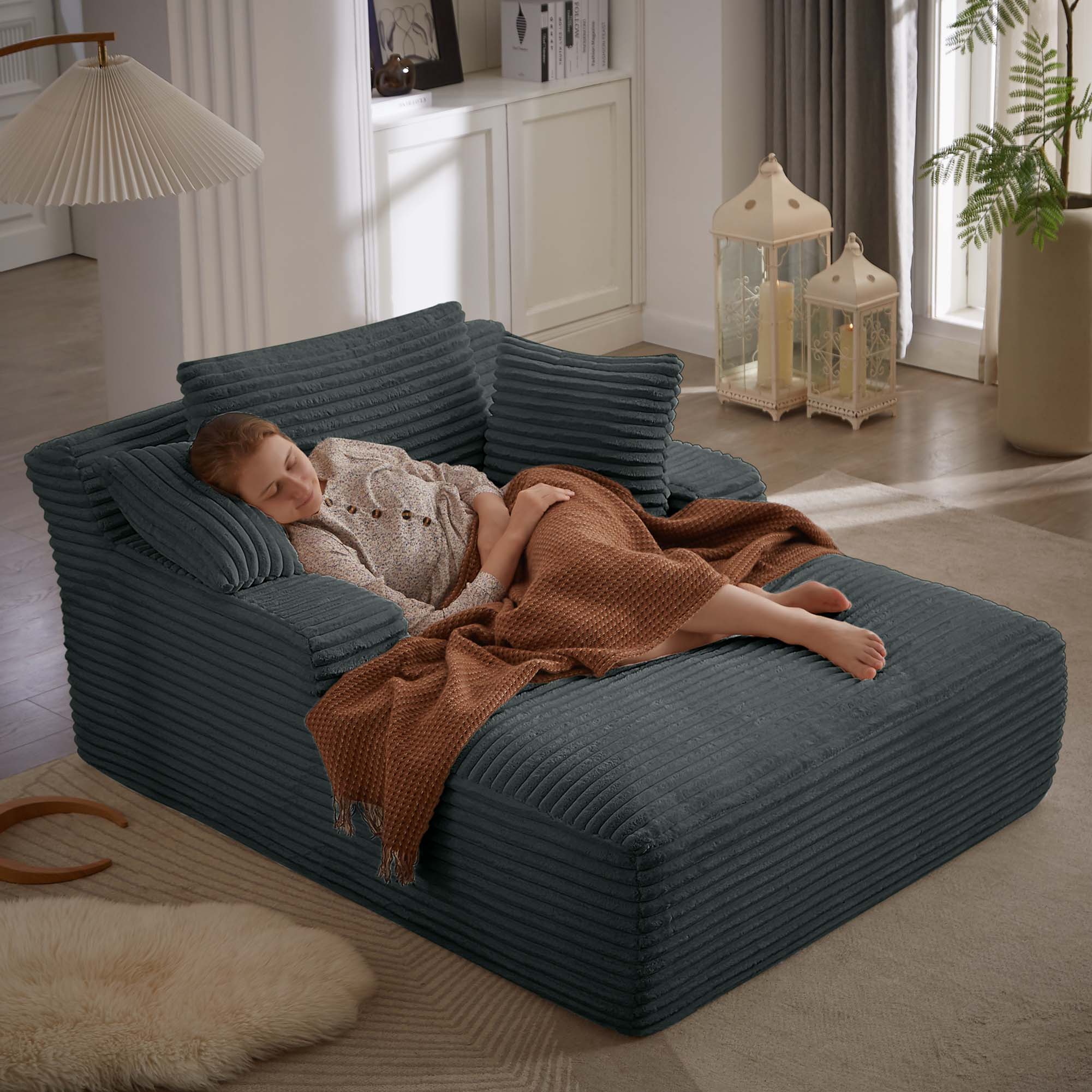 Miniyam Dark Grey Oversized Chaise Lounge Chair Indoor, Corduroy Upholstered Modern Sofa Couch,No Assembly Required,Comfy Sleeper Sofa for Living Room,Office