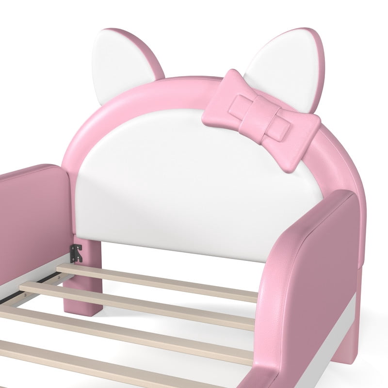 Twin Size Kids Platform Bed with Cartoon Cat-Shaped Headboard, Upholstered PU Leather Princess Bed, Low Profile Child Bed Frame