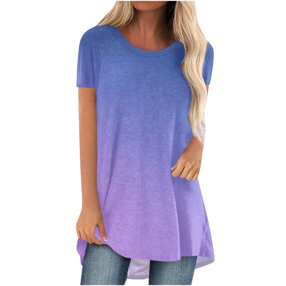 TIHLMK Women Shirts and Blouses Purple Women's Summer Printed Round-Neck Loose Short Pullover Sleeve Tops Blouse Gift for Womens Tops