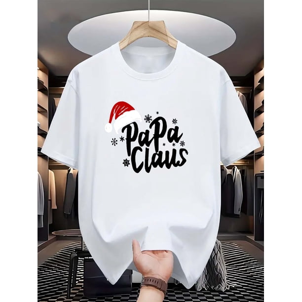 Christmas Papa Claus Print, Men's Round Crew Neck Short Sleeve Tee, Casual T-Shirt, Casual Comfy Lightweight Top For Summer