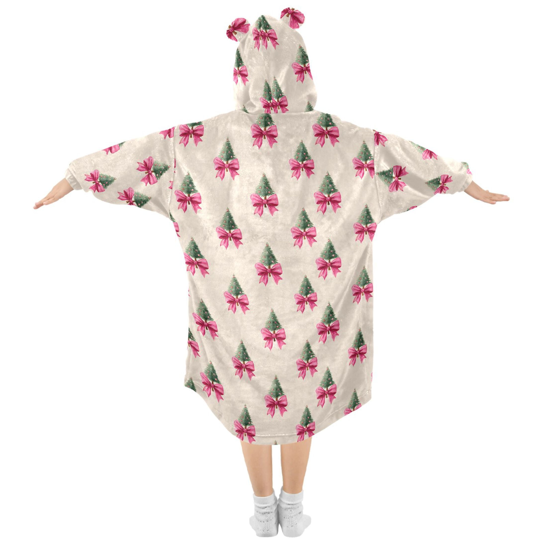 Wearable Blanket Hoodie for Kids Christmas Tree Bow Flannel Hooded Blanket with Pockets and Sleeves Suitable for Boys and Girls