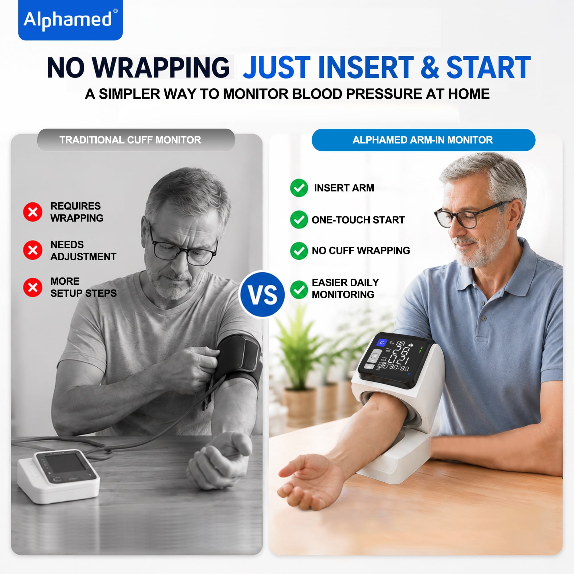 Alphamed Upper Arm Blood Pressure Monitor, Automatic Digital BP Machine, No Arm Wrap Design, Large LED Display, One-Button Use for Home & Seniors