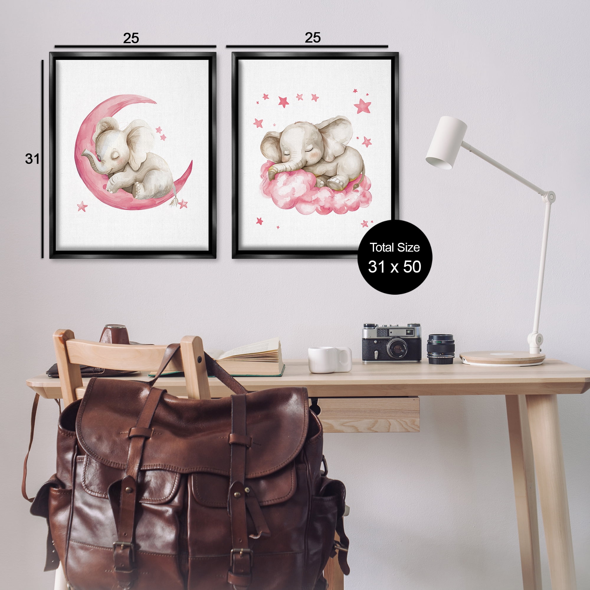 Stupell Industries Pink Sleepy Elephant Animals Painting Black Floater Framed Canvas Art Print Wall Art, 31 x 25, Set of 2