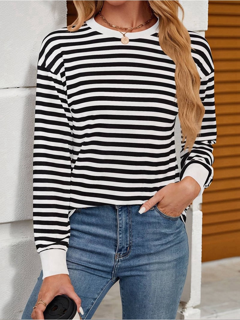 Womens Tunic Tops Long Sleeve Striped Shirts Crewneck Tops Black