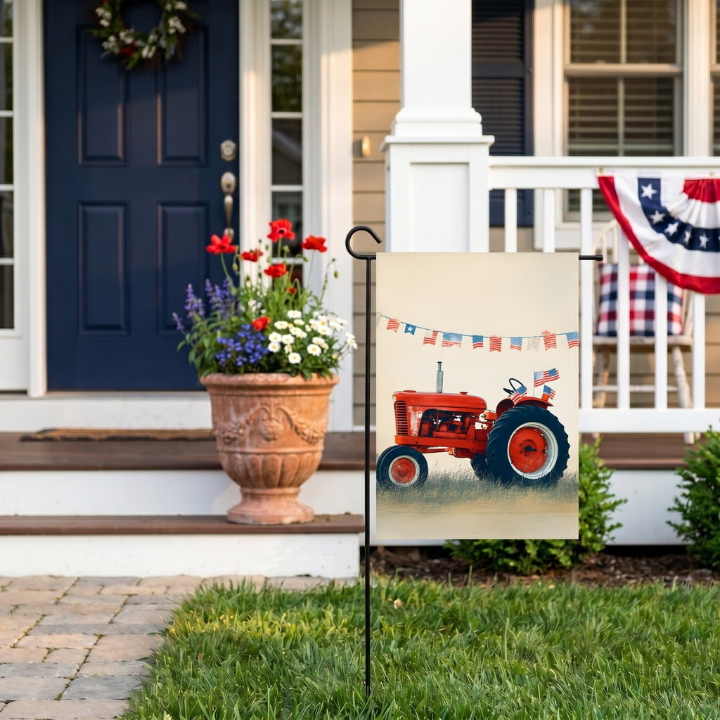 250th anniversary usa garden flag A red tractor with american flags hanging from the side of it. * usa decor 28 x 40 In Large Flag patriotic front porch decor