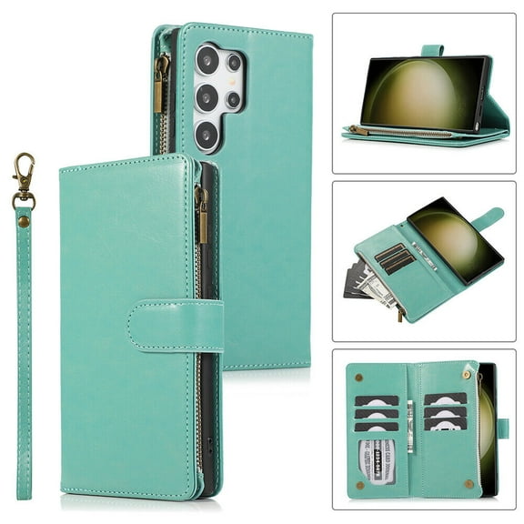 Leather Wallet Case with Zipper Pocket for Samsung Galaxy S24 Ultra - Teal