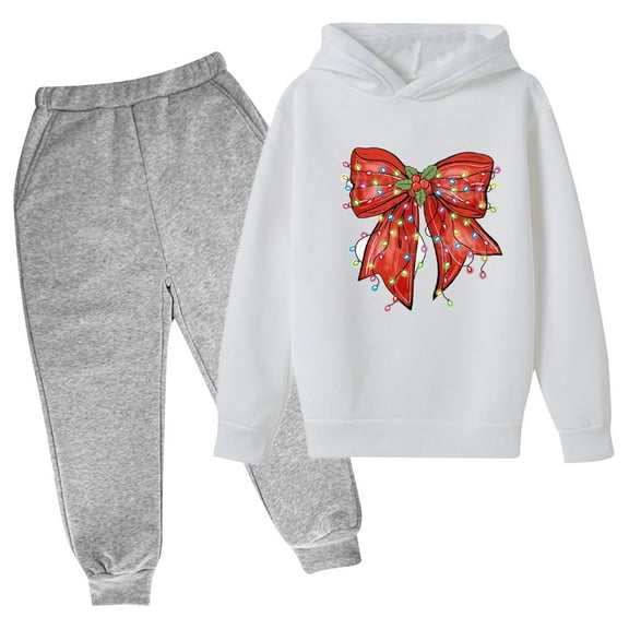 DJskiyers Girl's Vacation Sweatsuits 2 Piece Cute Outfits Comfy Loose Tracksuit Set Trendy Bow Print Sweatshirts with Hood and Elastic Waist Trousers Suit