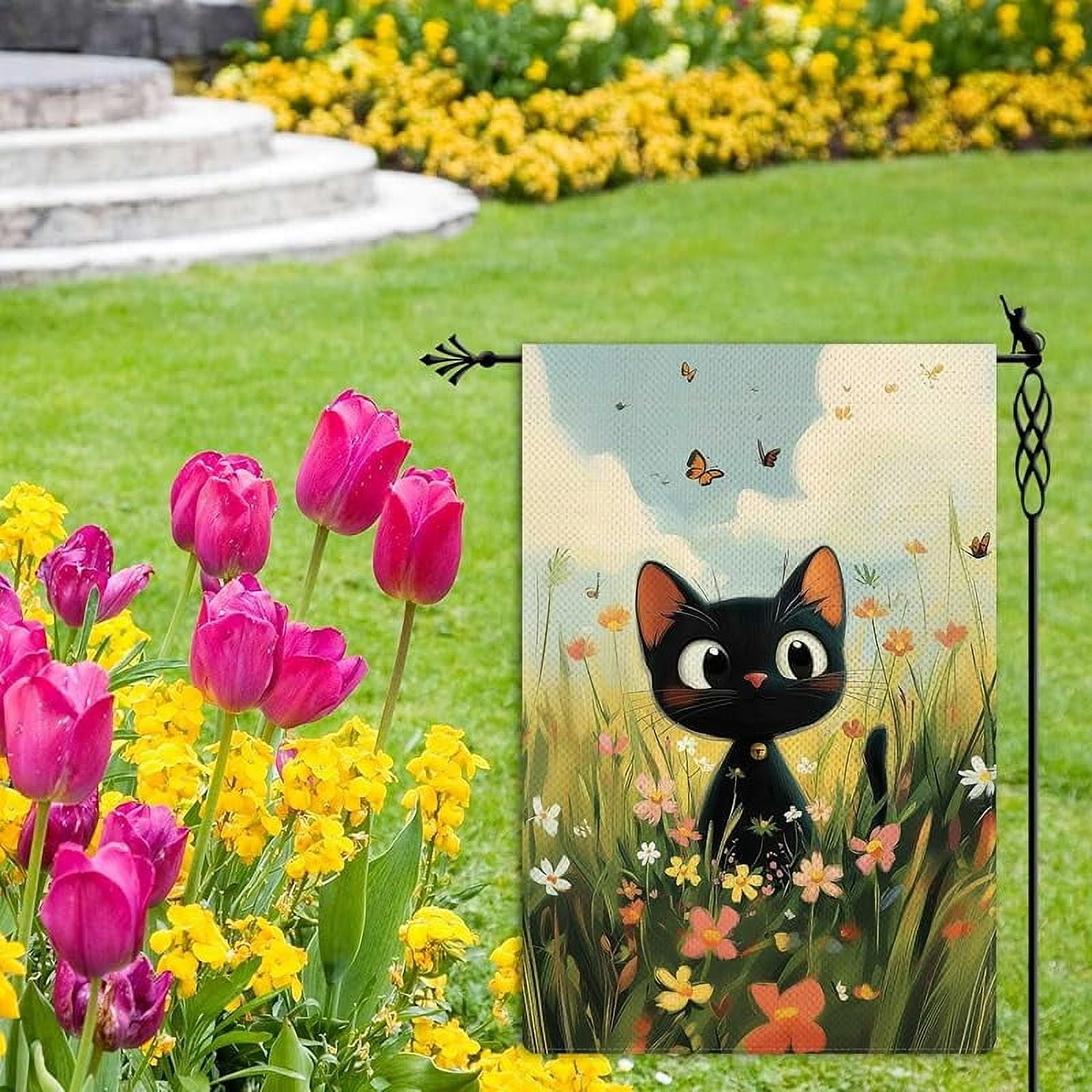 Spring Cute Black Cat Garden Flag Spring Summer Butterfly Floral Flowers Garden Flag Vertical Double Sided Rustic Farmland Burlap Yard Lawn Outdoor Decor