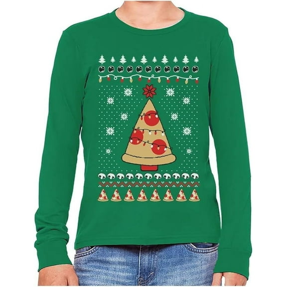 Tstars Boys Ugly Christmas Pizza Tree Long Sleeve TShirt, Youth Unisex Holiday Gift