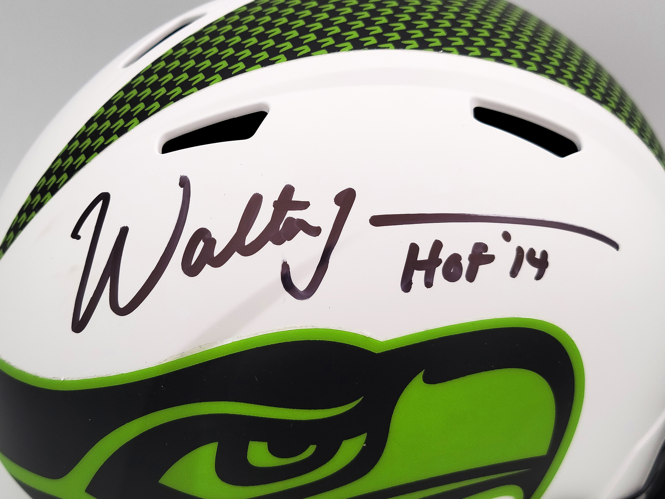 Walter Jones Autographed Seattle Seahawks Lunar Eclipse White Full Size Replica Speed Helmet "HOF 14" MCS Holo 203080