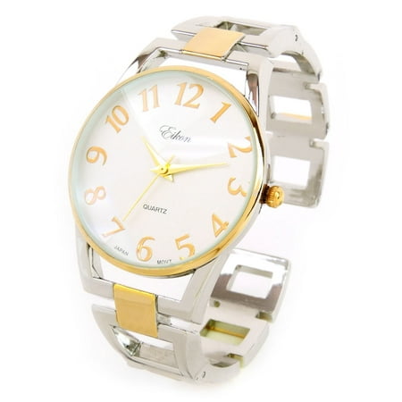 - 2Tone Square Links Style Band Large Face Easy to Read Women's Bangle Cuff Watch