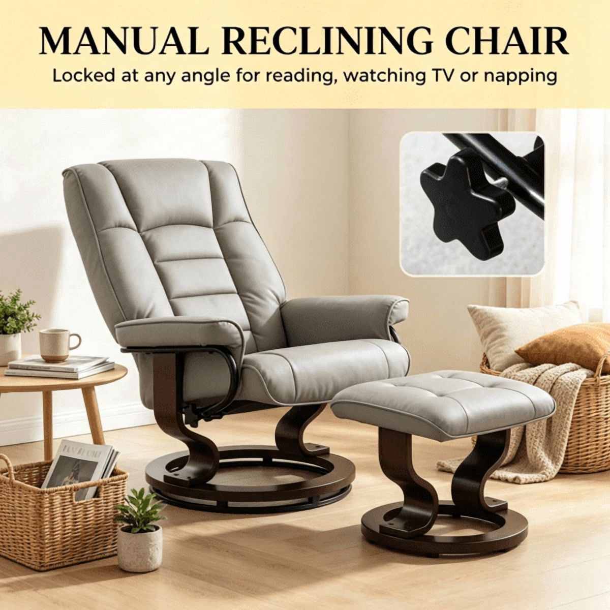 Faux Leather Reclining Chair, Tufted Back & Wood Frame, Manual Recliner, Gray