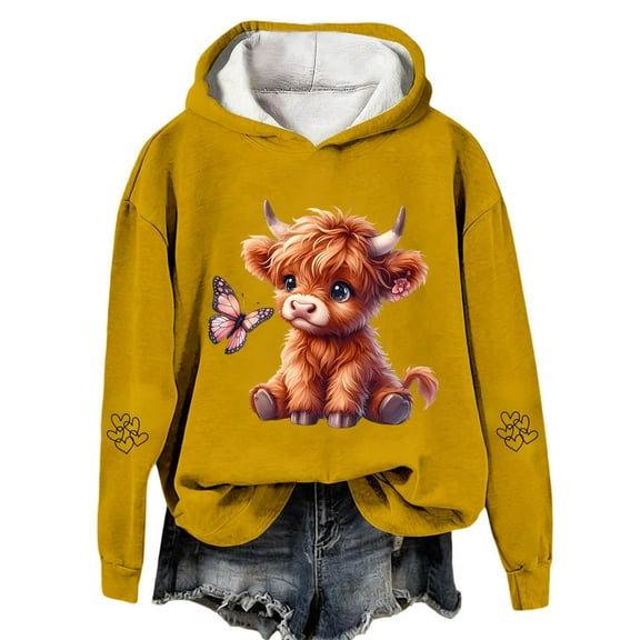 Telankuip Christmas Hoodies for Women Highland Cow Graphic Print Oversized Sweatshirts Loose Long Sleeve Comfort Soft Xmas Holiday Hooded Pullover Tops Yellow XL