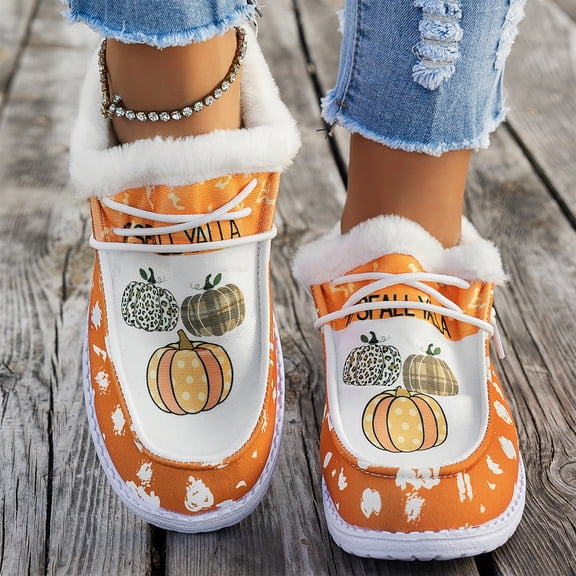 EKVAHL Womens Winter Cozy Shoes Halloween Print Low Top Flat Cotton Shoes Non-Slip Outdoor Soft Warm Home Shoes