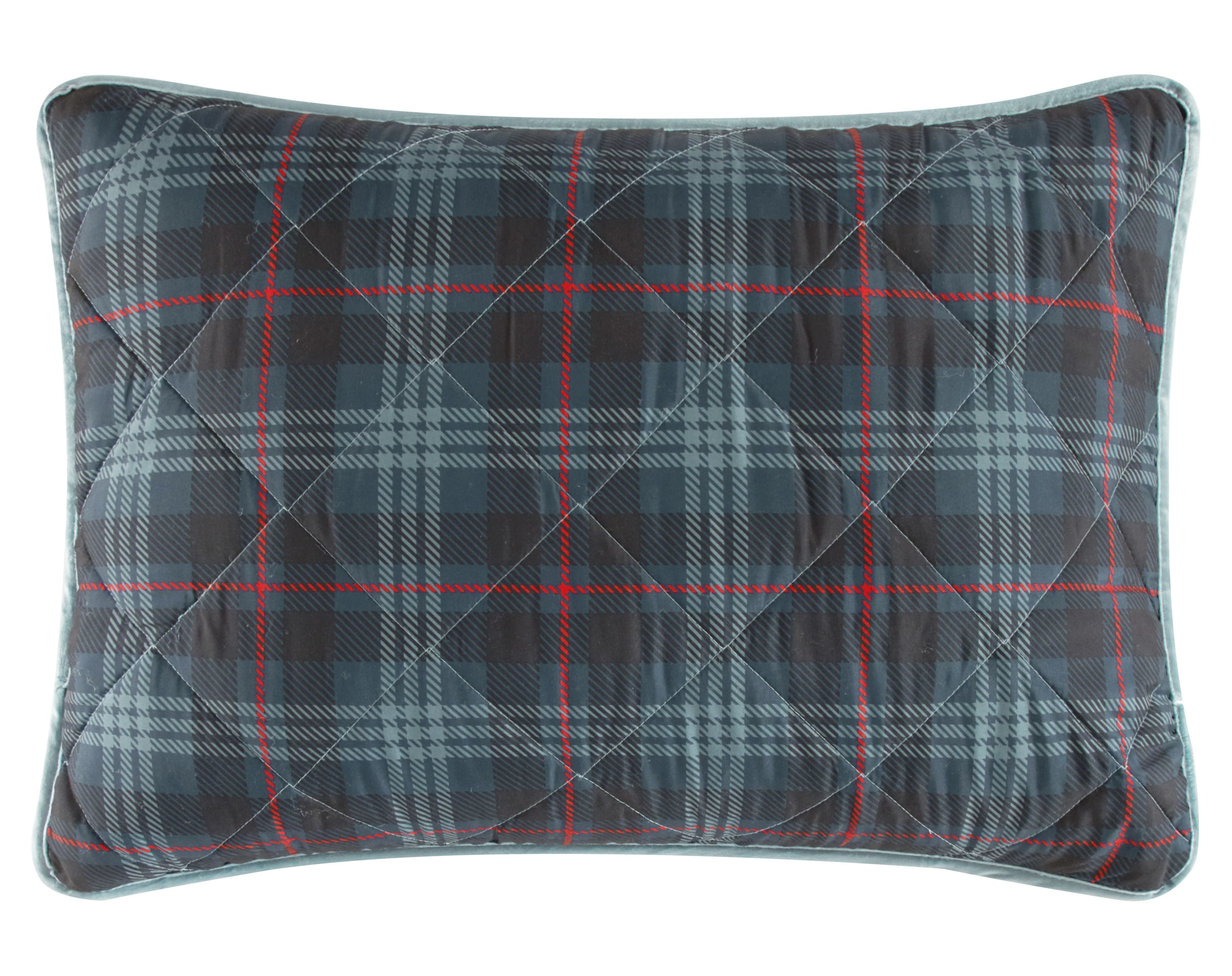 Dearfoams Super Soft Blue Red Grey Diamond Stitching Plaid Quilt Set, King